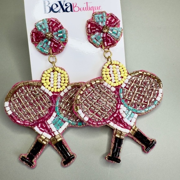 Beaded Tennis Racket Earrings - Picture 2 of 3
